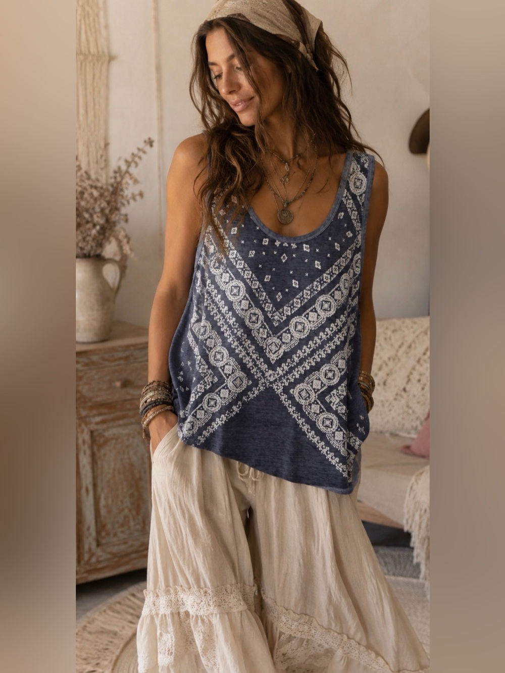 Joei & i Blue Bandana Print Tank Top | 1X | Soft Cotton Blend Boho Casual